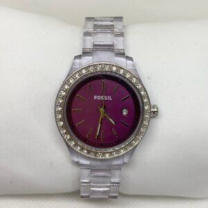 Fossil women date watch ES-2611 purple dial 30mm round quartz analog running